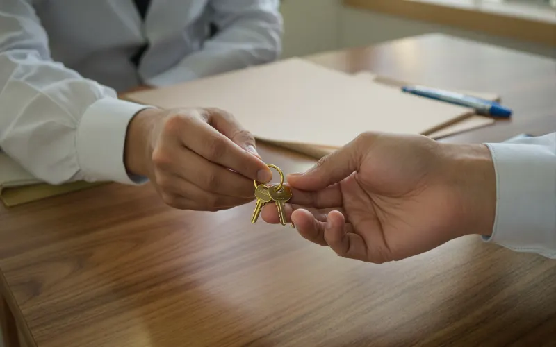 Una mano le entrega un llavero con dos llaves a otra sobre un escritorio de oficina, con una carpeta al fondo.