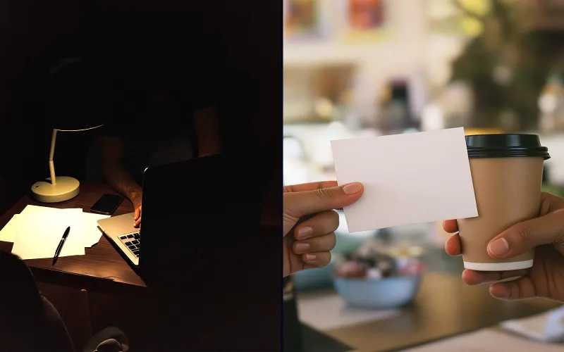 Dos escenas lado a lado: de noche, alguien factura solo en una laptop bajo una lámpara; de día, un recibo pasa de mano en mano en el mostrador junto con un café.